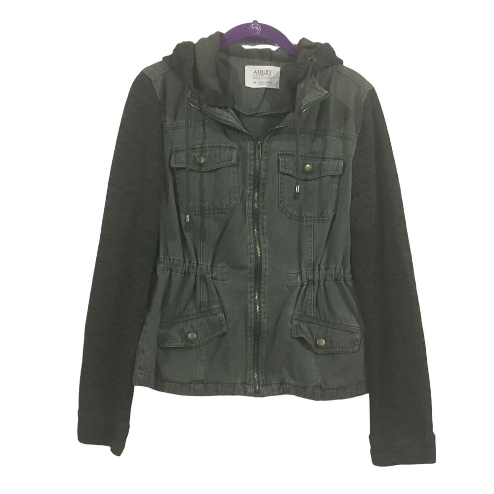 Ashley By 26 International Army Green Knit Sleeve Full Zip Utility Jacket WMNS L